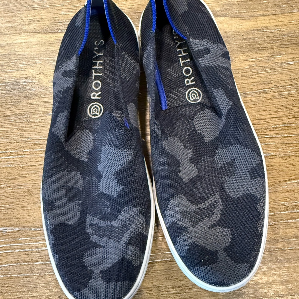 Rothy's Black and Gray Camo slip on shoes